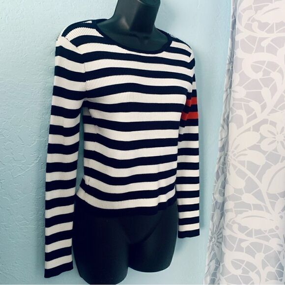 Forever 21 Navy Blue & White Striped Knit Varsity Sweater Size Large - Picture 5 of 7